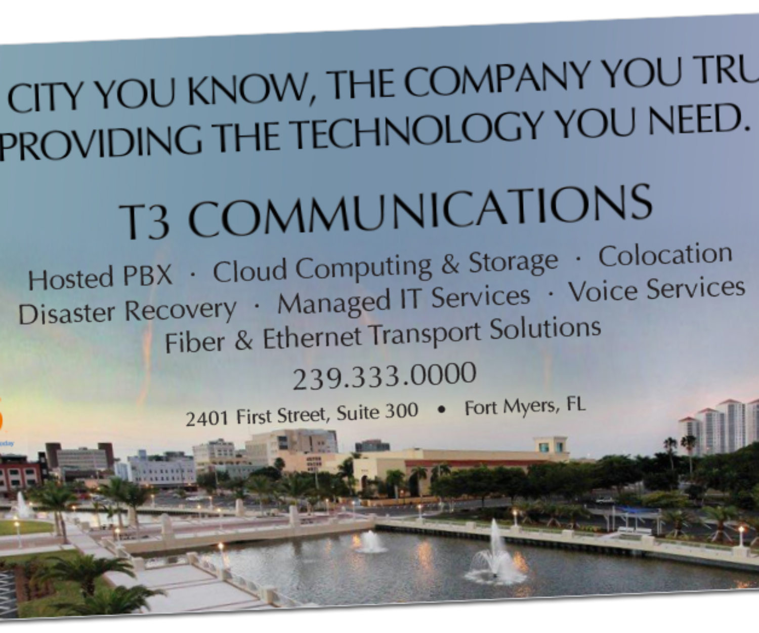 Fort Myers public relations firm CONRIC PR and Marketing designed T3 Communications advertisement.